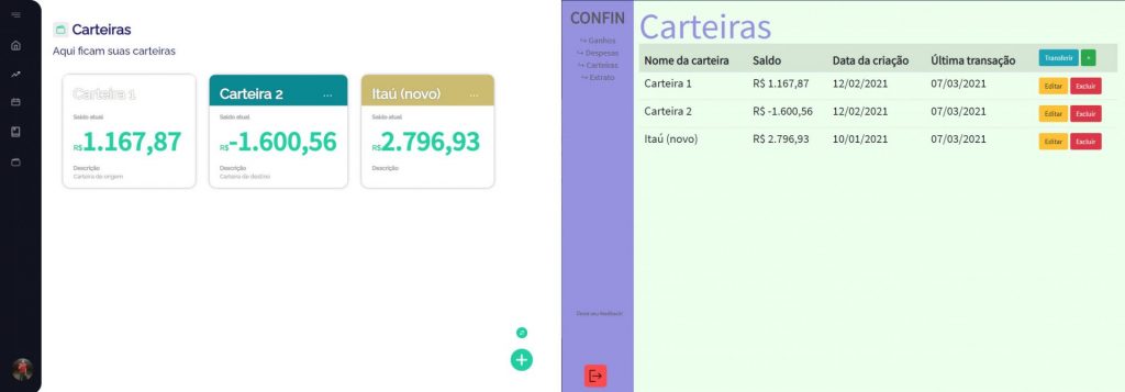 Tela de carteiras do app - Cofrin