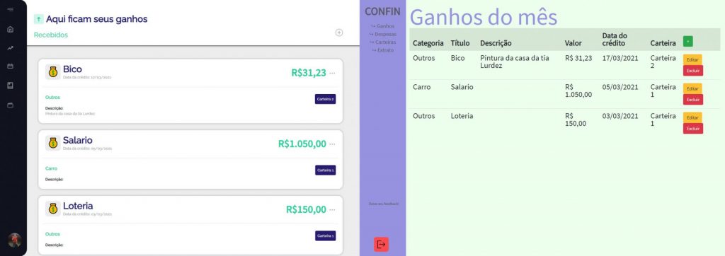 Tela de ganhos do app - Cofrin
