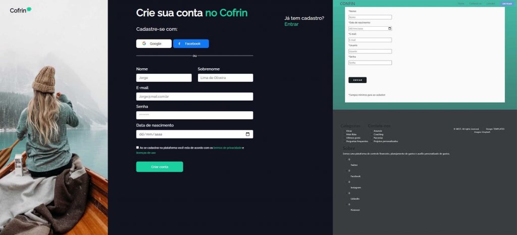 Tela de cadastro do site - Cofrin